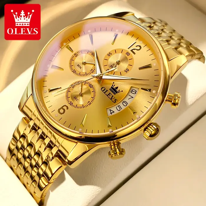 Montre de sport OLEVS en acier inoxydable avec mouvement Quartz, fonctionnalités chronographe et calendrier complet, résistante à l'eau, pour homme occassions sportives et mode