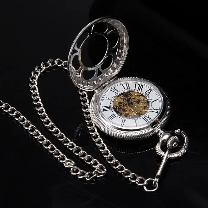 Montre de Poche Mécanique à Pétales Argentés pour Homme et Femme