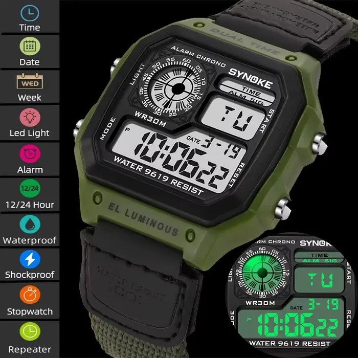 Synoke montre de Sport pour hommes antichoc mode 30M étanche natation montre-bracelet numérique coloré lumière LED mâle réveil