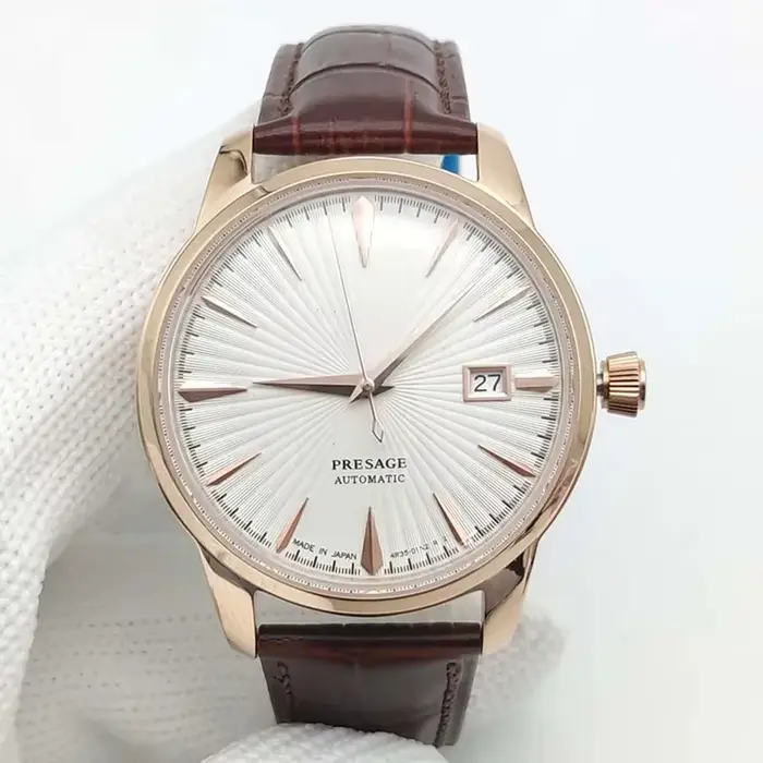 Montre mécanique vintage homme 40mm or rose bracelet cuir élégante pour anniversaire mariage quotidien