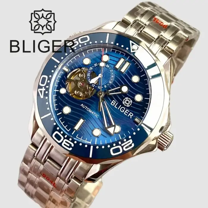 BLIGER-Montre Mécanique existent pour Homme, Bijou, Cadran Bleu/Noir, Verre Saphir Vert, Lunette Cér
