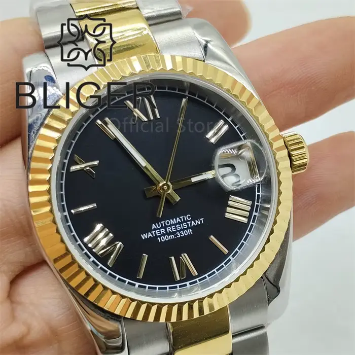 BLIGER-Montre à cadran en chiffres romains pour homme, boîtier bicolore, noir, jaune, or, Japon, aff