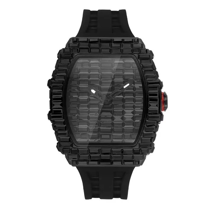 Montre-Bracelet Rectangulaire Noire pour Homme, Horloge Étanche Glacée, Tonneau Mille, Mode Unique,