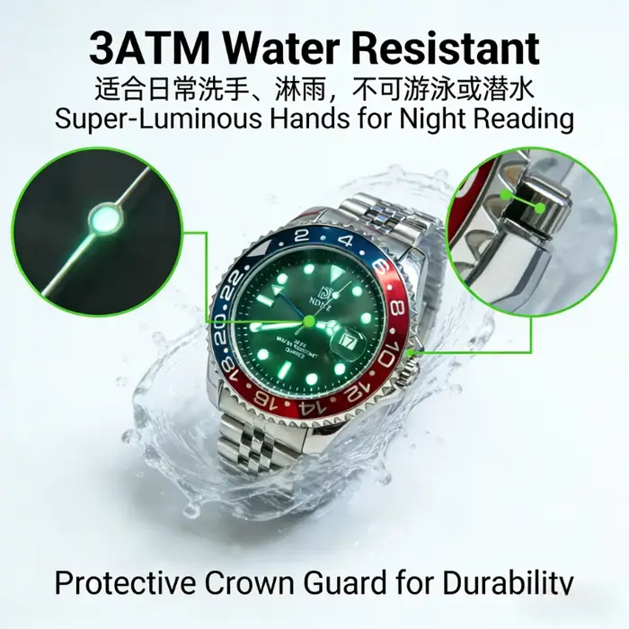 Montre à quartz NDNZ GMT avec lunette rotative 24H, bracelet en acier inoxydable, résistante à l'eau pour homme occasions spéciales