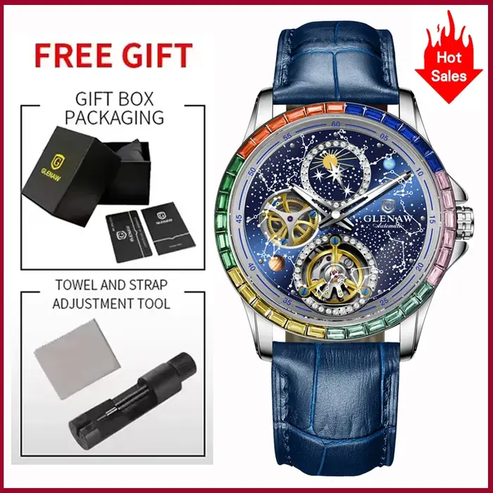 Montre GLENAW Design 2026 Constellation Dial Arc-en-Ciel Lumineuse et Étanche pour Hommes Occasions Spéciales