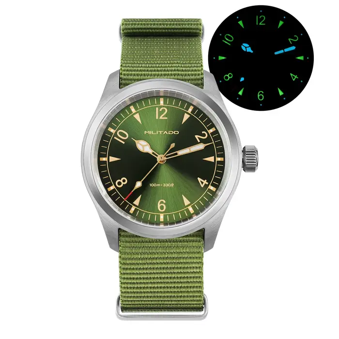 Montre Militado en acier inoxydable avec cristal de saphir bombé pour homme occasion spéciale vintage quartz resistant à l'eau