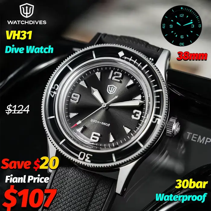 Montre de Plongée Vintage à Quartz avec Cristal de Saphir pour Hommes Occasions Spéciales Robuste et Lumineuse