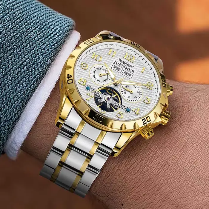 Montre mécanique multifonction automatique homme acier inoxydable résistante à l'eau avec calendrier et affichage semaine élégante multifonctionnelle pour homme occasions spéciales