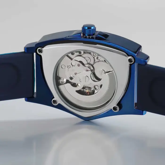 Montre T-WINNER en acier inoxydable avec bracelet en silicone bleu, style luxueux et design squelette pour hommes occasions spéciales