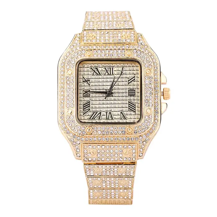 Montre à Quartz Carrée en Diamant Luxe Bracelet Acier Inoxydable Clouté Strass Pour Hommes Femmes Occasions Spéciales