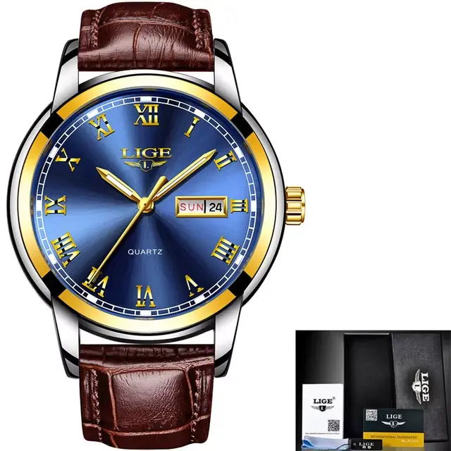 Relogio Mascul37LIGE-Montre à quartz dorée pour homme, en acier inoxydable, étanche, avec date de la