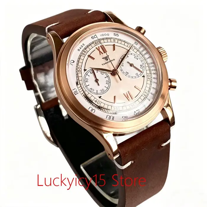 Montre Tandorio Vintage en Or Rose Quartz Chronographe Hommes Bracelet en Cuir Occasions Spéciales Élégante Robuste