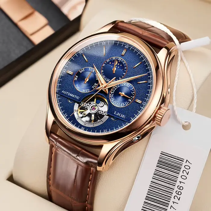 2025 LIGE hommes montres automatique mécanique montre Tourbillon Sport horloge en cuir décontracté a