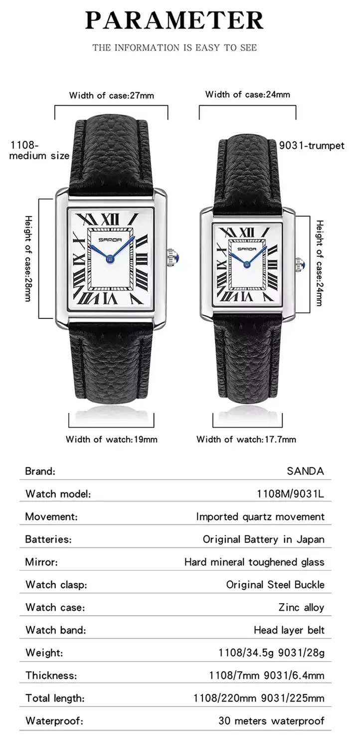 Montres à quartz de luxe SANDA 9031/1108 pour couple