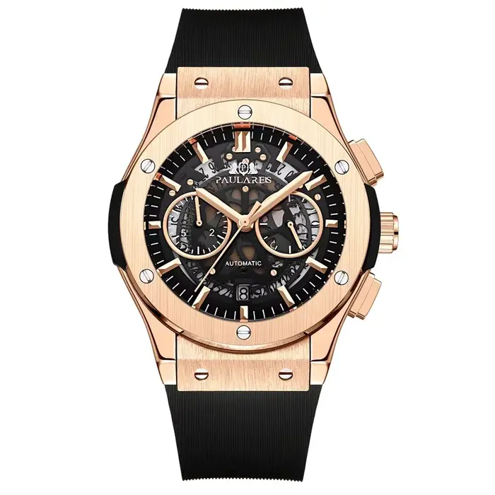 Montre-bracelet automatique de luxe pour homme avec chronographe squelette, or rose, argent, bronze, brun, café, ivoire, multicolore, or rose, or, occasion spéciale homme
