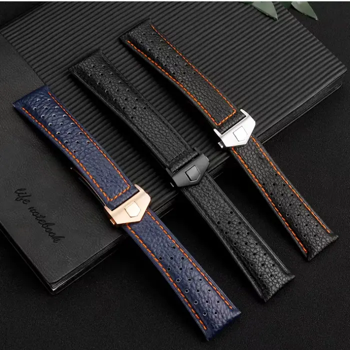 Bracelet de montre en cuir véritable respirant pour homme