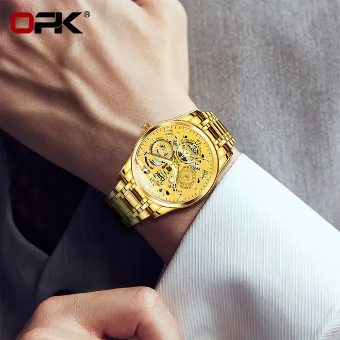Montre OPK pour Hommes Bracelet Acier Lueur Nocturne Résistante à l'Eau Occasions Spéciales Casual Elegant