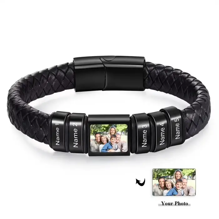 Bracelet en cuir personnalisé avec photo et nom gravé