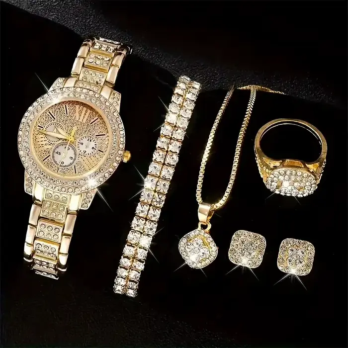 Luxueux ensemble de montres à quartz et de bijoux pour femme avec des gravures complexes, un cadeau 