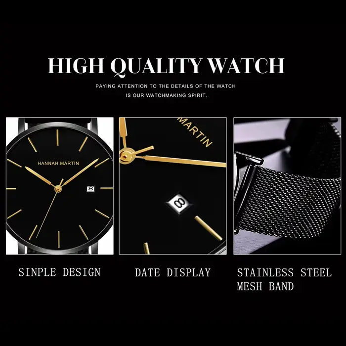Montre pour hommes Hannah Martin marque mode acier inoxydable Date fonction luxe classique Ultra-mince minimaliste