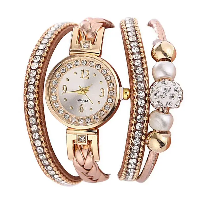 Montre à Quartz avec perles en strass pour femmes, cadran rond, bracelet multicouche, élégante et sophistiquée pour occasions spéciales et vie quotidienne