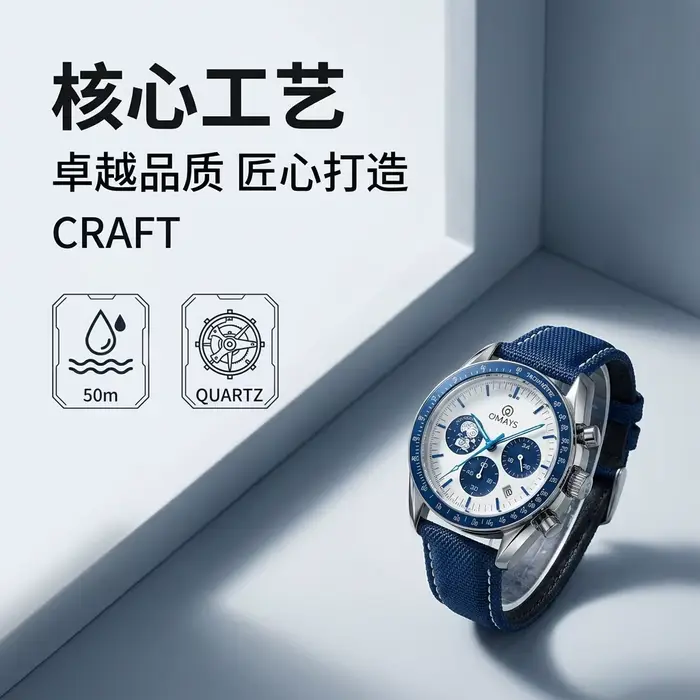 Montre chronographe sport de luxe OMAYS Limited 50e anniversaire avec bracelet en nylon bleu - Classique haut de gamme pour homme