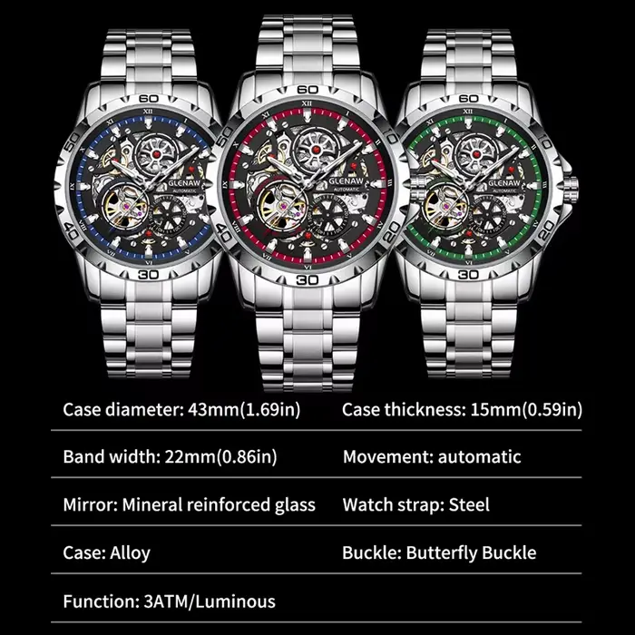 GLENAW Steampunk squelette montre pour hommes anneau de luxe automatique montres mécaniques lumineux étanche bracelet