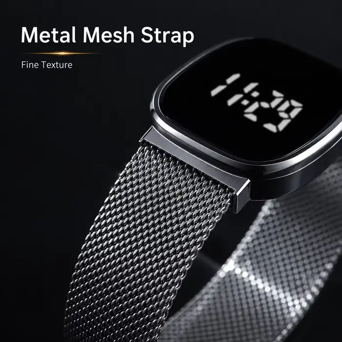 Montre en alliage avec bracelet maille métallique affichage numérique LED pour homme et femme occasions spéciales