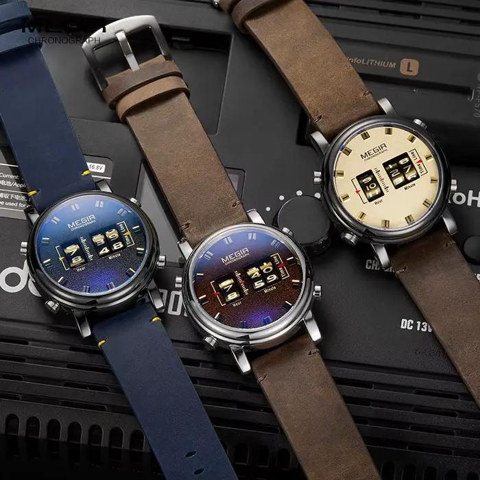 MEGIR – montre-bracelet en cuir bleu pour homme