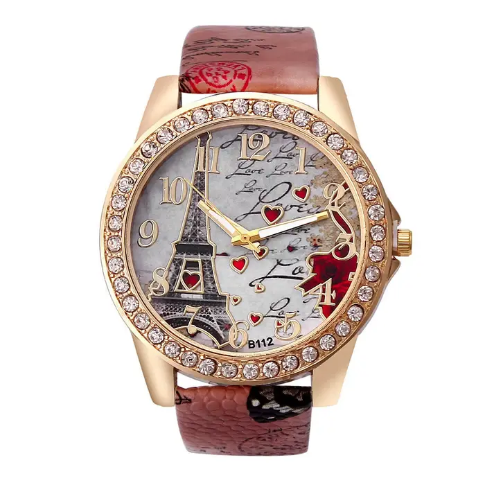 Montre à Quartz en Cuir PU avec Tour Eiffel et Strass pour Femmes Occasions Spéciales Mode Élégante