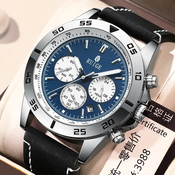 Montre-bracelet multifonctionnelle édition limitée avec bracelet en cuir phosphorescent résistante à l'eau pour hommes occasions spéciales