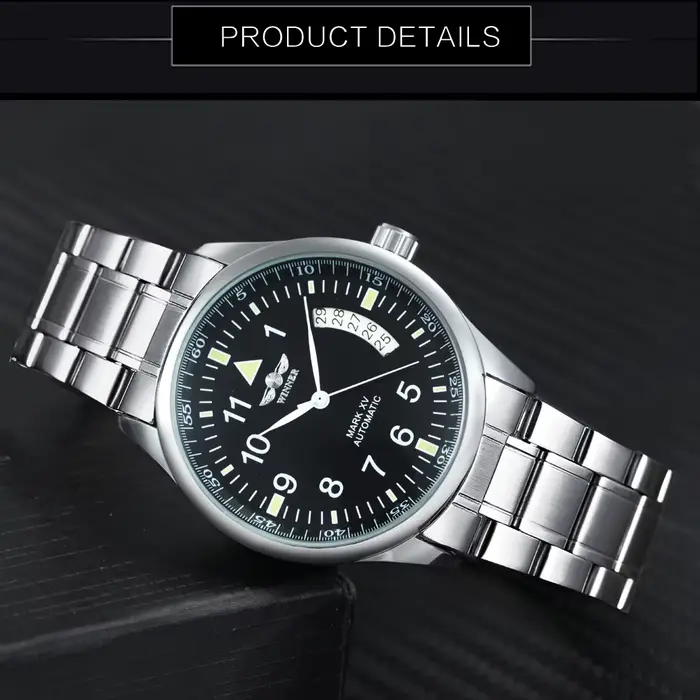 Montre automatique WINNER pour homme, fenêtre de calendrier, cadran noir tendance, bracelet en cuir 