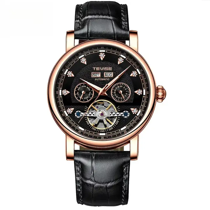 Montre mécanique automatique avec calendrier lumineux pour hommes, idéale pour voyages d'affaires, occasions décontractées, cadeau anniversaire, bracelet en cuir, mouvement automatique, résistance à l'eau 3 bars