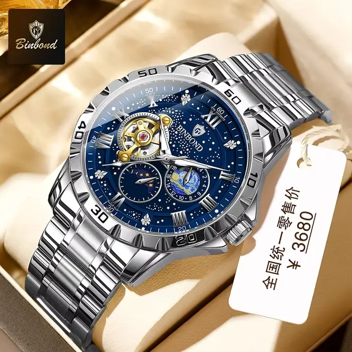 BINBOND Top luxe hommes montre mécanique automatique Phase de lune homme montre-bracelet creux Tourbillon acier