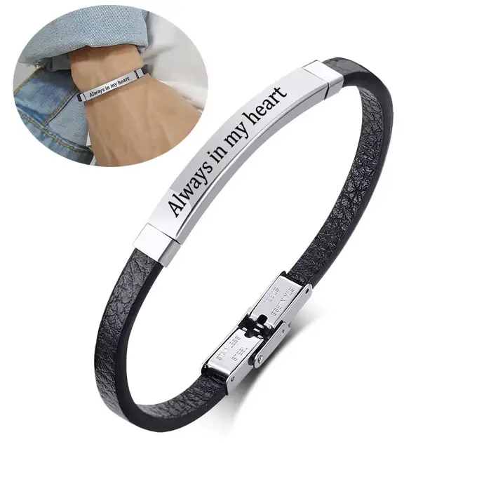 Bracelet d'identification de gravure Simple pour hommes, classique, en cuir, en acier inoxydable, Un