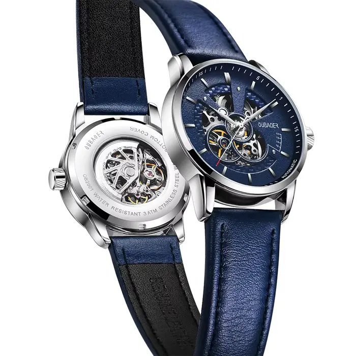 Montre OUBAOER automatique hommes squelette résistante à l'eau avec bracelet en cuir pour homme style fashion et casual occasions spéciales