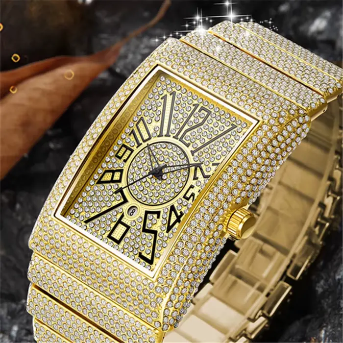 Montre en alliage doré avec calendrier complet et style Hip Hop pour homme occasions spéciales