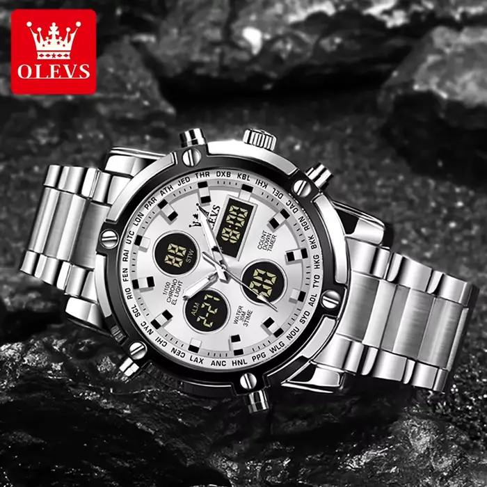 Montre sportive OLEVS avec double affichage numérique analogique résistante aux chocs et étanche pour homme occasions spéciales