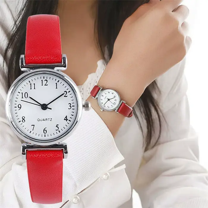 Montre-bracelet analogique ronde pour femme, montre-bracelet à quartz classique, bracelet en cuir dé