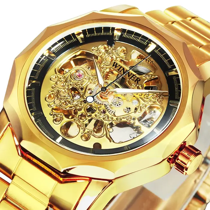Montre automatique squelette doré pour hommes