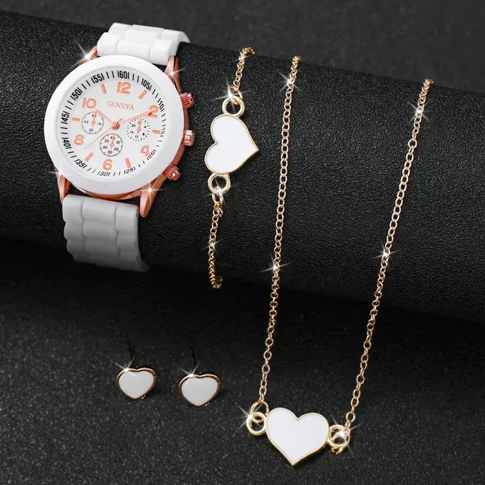 4 pièces/ensemble genève montre mode bracelet en Silicone femmes montres à Quartz coeur ensemble de bijoux (sans boîte)