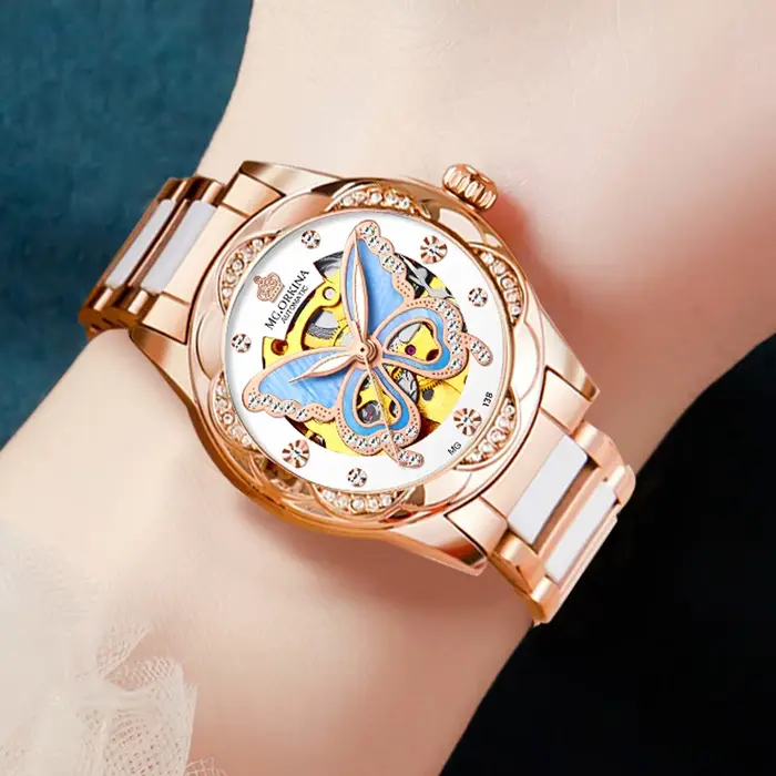 Montre-bracelet mécanique automatique creuse pour femme