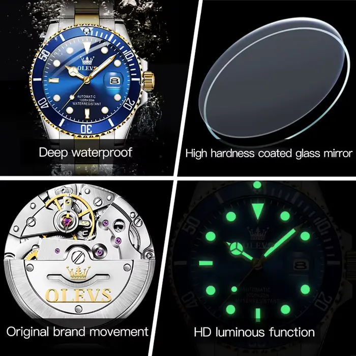 Montre automatique OLEVS en acier inoxydable avec zircon lumineux pour hommes, résistante à l'eau et intemporelle pour diverses occasions