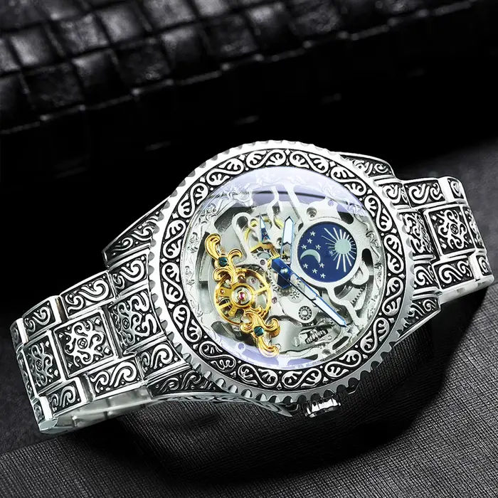 WINNER luxe Phase de lune Tourbillon squelette montres mécaniques or gravé automatique hommes montre bracelet en acier inoxydable lumineux