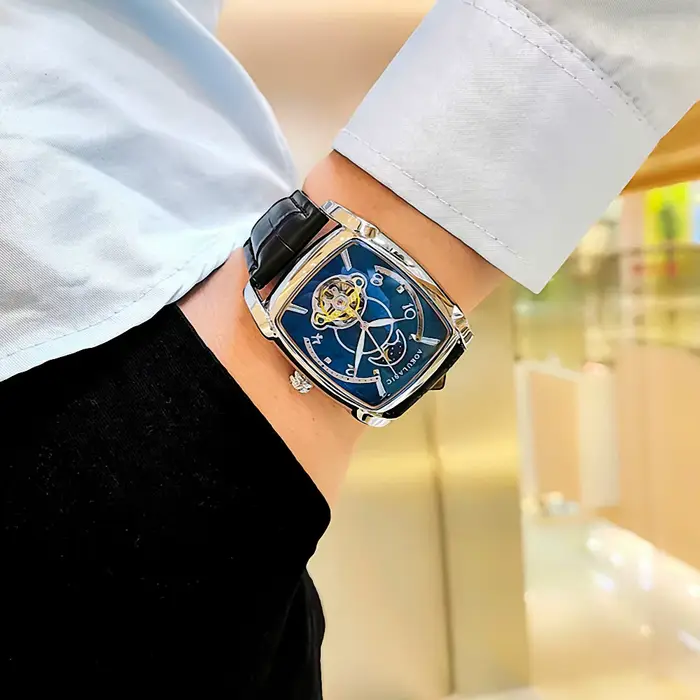 AOKULASIC Tourbillon squelette montre mécanique pour hommes mains lumineuses bracelet en cuir mode affaires
