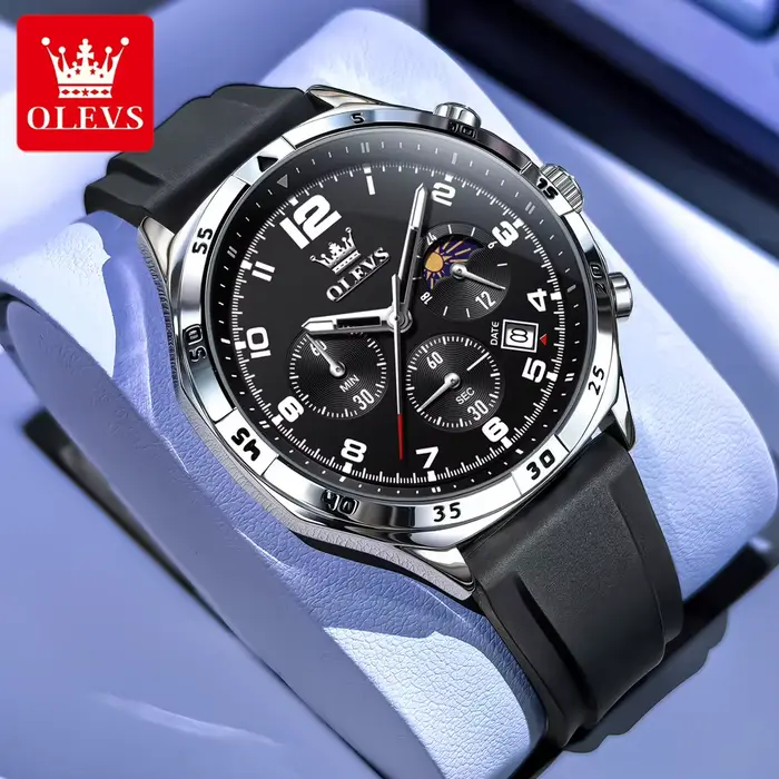 Montre OLEVS 2986 pour homme 42 mm, phase de lune, date, quartz, cadran numéroté, bracelet en silico