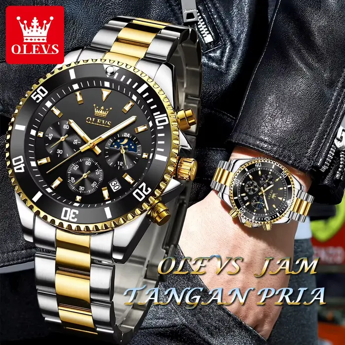 Montre homme OLEVS 2870 phase lunaire luxueuse résistante à l'eau avec fonction chronographe et calendrier complet pour toutes occasions