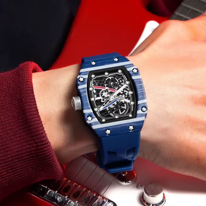 Montre Classique Tonneau à Quartz pour Homme, Cadran Peint Coloré, Tendance Ultra-Mince, Creux, Originale, Montre Homme Mode avec Date, Relogio
