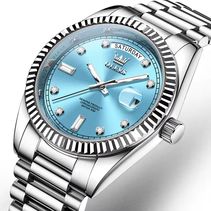 OLEVS bleu ciel hommes horloge automatique mécanique Date semaine luxe homme montre-bracelet étanche