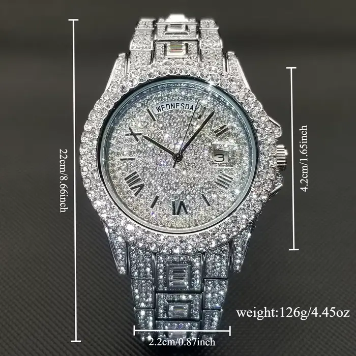 Date jour diamant montre pour hommes de luxe en acier inoxydable Style de rue glace sur montre-bracelet Hip Hop argent Bling étanche horloge cadeau